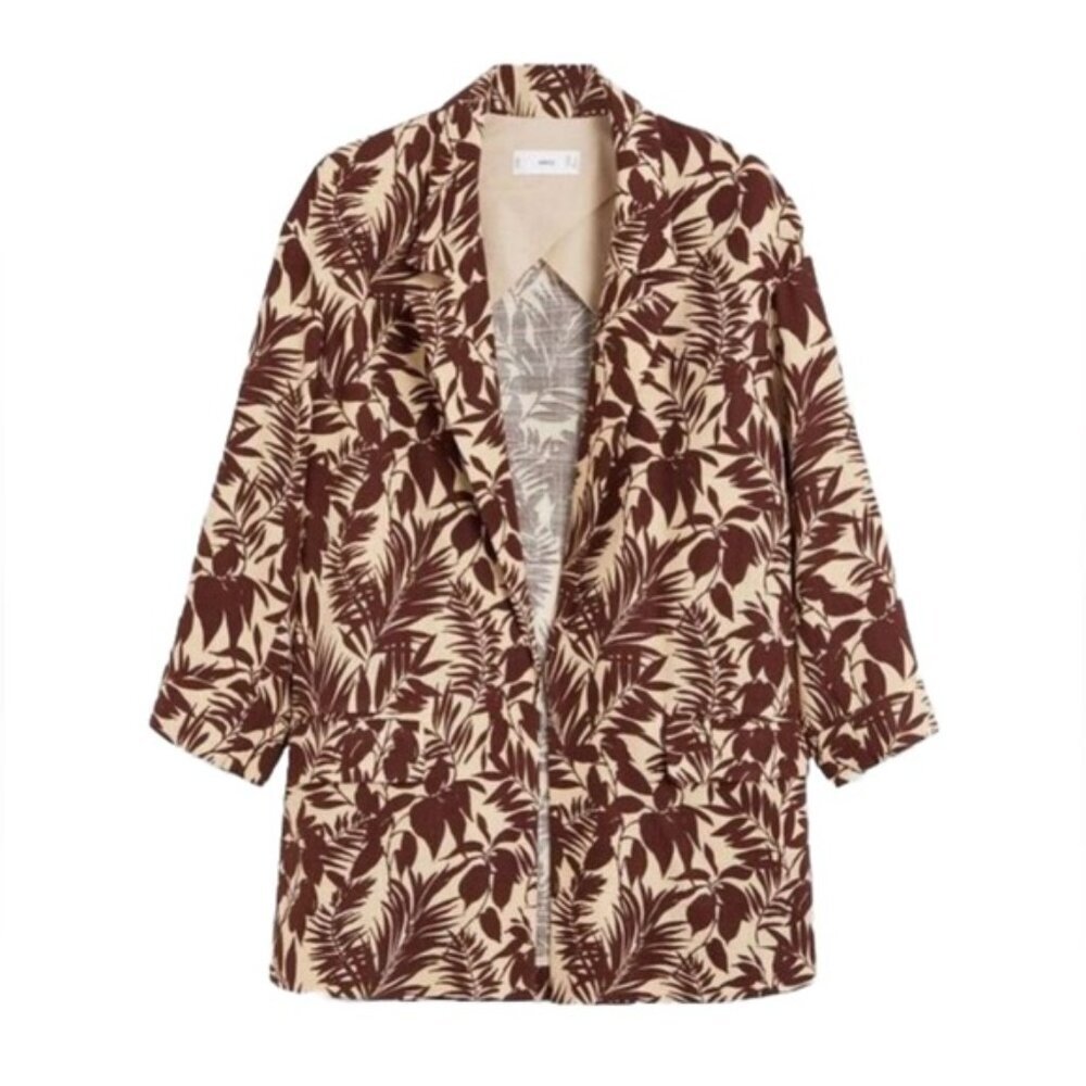 NWT MANGO LINEN Blend Tropical Print Notch Collar Blazer Front Flap Pockets‎ XS